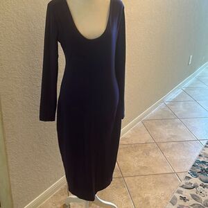 Susana Monaco Women's M U-Neck Midi Dress Inkwell Purple Long Sleeve Minimalist